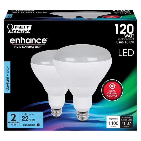 Feit Electric BR40 E26 Medium LED Floodlight Bulb Daylight 120 Watt Equivalence, 2PK BR40DMHO/950CA2